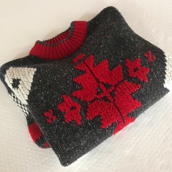 Vintage Chunky Geometric Grey White and Red Mock Turtleneck Sweater - Picture 7 of 8